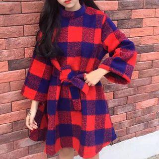 3/4-sleeve Check Tie-waist Dress