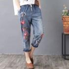 Flower Embroidered Cropped Skinny Jeans