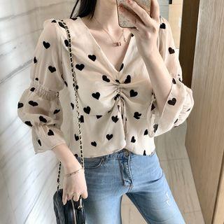 3/4-sleeve Heart Patterned Chiffon Blouse As Shown In Figure - One Size