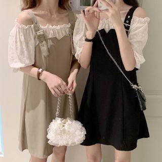 Mock Two-piece Cold-shoulder Buckled A-line Dress