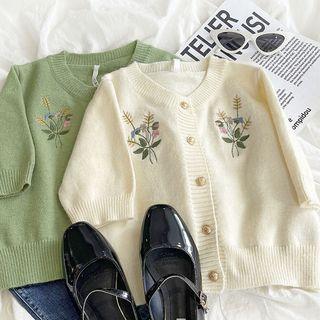 Short-sleeve Flower Embroidered Cardigan Top