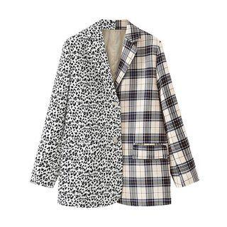 Leopard Print Panel Plaid Blazer