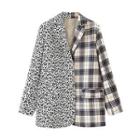 Leopard Print Panel Plaid Blazer