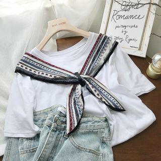 Patterned Panel Tie-front Short-sleeve T-shirt