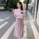 Short-sleeve Eyelet Blouse / Floral Midi A-line Skirt