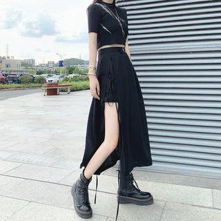 Belted Waist Slit-side Midi Skirt