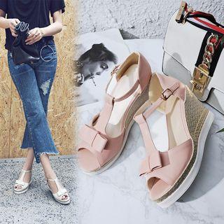 Bow Accent T-bar Wedge Sandals