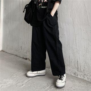 Elastic-waist Plain Straight-cut Pants Black - One Size
