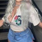Short-sleeve V-neck Flower Crop Top