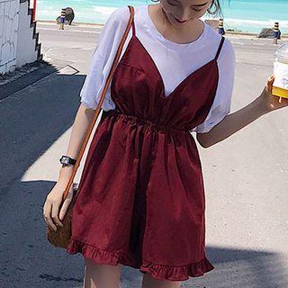 Set: Puff-sleeve T-shirt + Ruffled Jumper Shorts