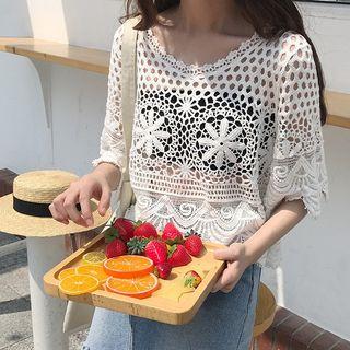 Crochet Knit Elbow-sleeve Top With Tube Top White - One Size