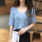 V-neck Elbow Sleeve Plain Knit Top