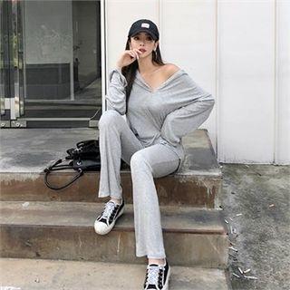 Set: Hooded Button-front Top + Boot-cut Pants