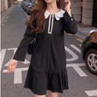 Long-sleeve Contrast Collar Dress Black - One Size