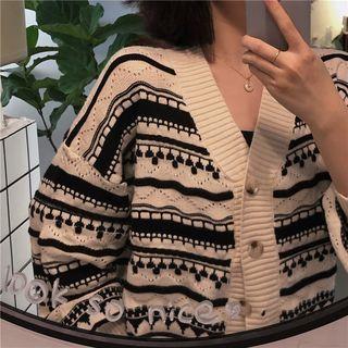 Patterned Lantern-sleeve Knit Cardigan