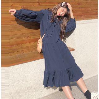 Long-sleeve Tie-neck Ruffle Hem Midi Dress