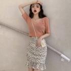 Short-sleeve Cropped Top / Floral Print Ruffle Hem Mini Pencil Skirt