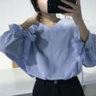 Loose-fit V-neck Striped Bow Long-sleeve Blouse