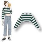 Striped Polo-neck Cropped Pullover Stripes - Green & White - One Size