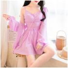 Set: Long-sleeve Sheer Shirt + Spaghetti Strap Top + Wide-leg Shorts