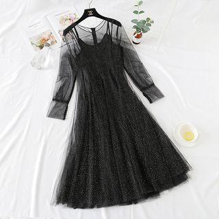 Set: Slipdress + Long-sleeve Mesh Midi A-line Dress