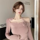 Cold-shoulder Long-sleeve T-shirt Pink - One Size