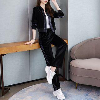 Set: Two-tone Zip-up Jacket + Loose Fit Pants