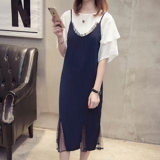 Set: Plain Short-sleeve Blouse + Midi Pinafore Dress