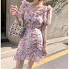 Floral Ruffle Trim Drawstring Short-sleeve Mini Sheath Dress