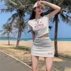 Short-sleeve Lettering Cropped Top / High-waist Lettering Skirt