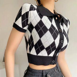 Short Sleeve Collar Argyle Print Crop Cardigan