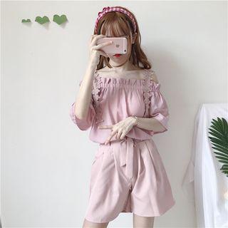Off-shoulder Elbow-sleeve Top / High Waist Shorts