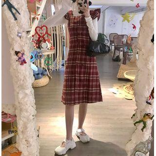 Long-sleeve High-neck Plain T-shirt / Sleeveless Plaid Dress