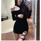 Asymmetrical Cold-shoulder Lace-up A-line Dress Black - One Size