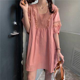 3/4-sleeve Fringed Perforated Trim Mini Dress