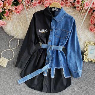 Denim Panel Long-sleeve Shirt With Sash