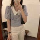 Puff-sleeve Checked Contrast Collar Cropped Blouse