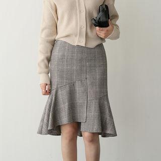 Band-waist Ruffle-hem Checked Midi Skirt