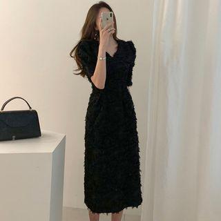 Short-sleeve Feathered A-line Midi Dress