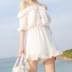 Set: Tie-back Bikini Top + Ruffle Trim Swim Shorts + Cold-shoulder Cover-up