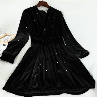 Faux Pearl Accent Velvet Long-sleeve A-line Dress