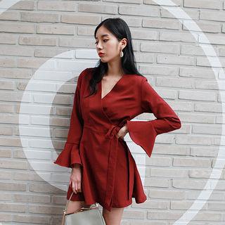 Long-sleeve Ruffle-cuff Mini Surplice-wrap Dress