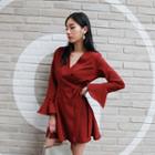 Long-sleeve Ruffle-cuff Mini Surplice-wrap Dress