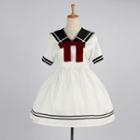 Striped Bow Accent Collared Short Sleeve Dress