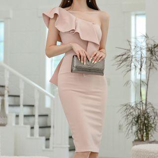 One-shoulder Ruffle Trim Plain Slim-fit Pencil Dress