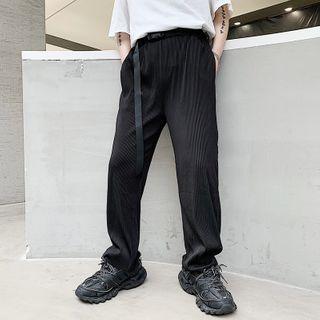 Belted Pinstripe Straight-leg Pants