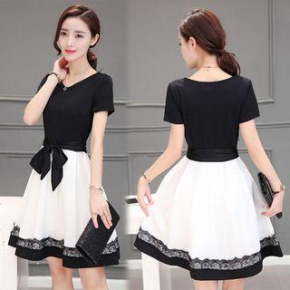 Lace Trim Color Block Short-sleeve A-line Dress