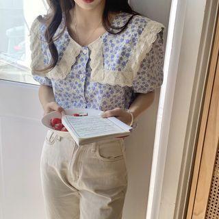 Short Sleeve Sailor Collar Lace Trim Floral Blouse Blue - One Size