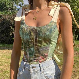 Tie-shoulder Print Cropped Camisole Top