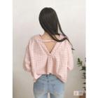 Cutout-back Tie-cuff Plaid Blouse